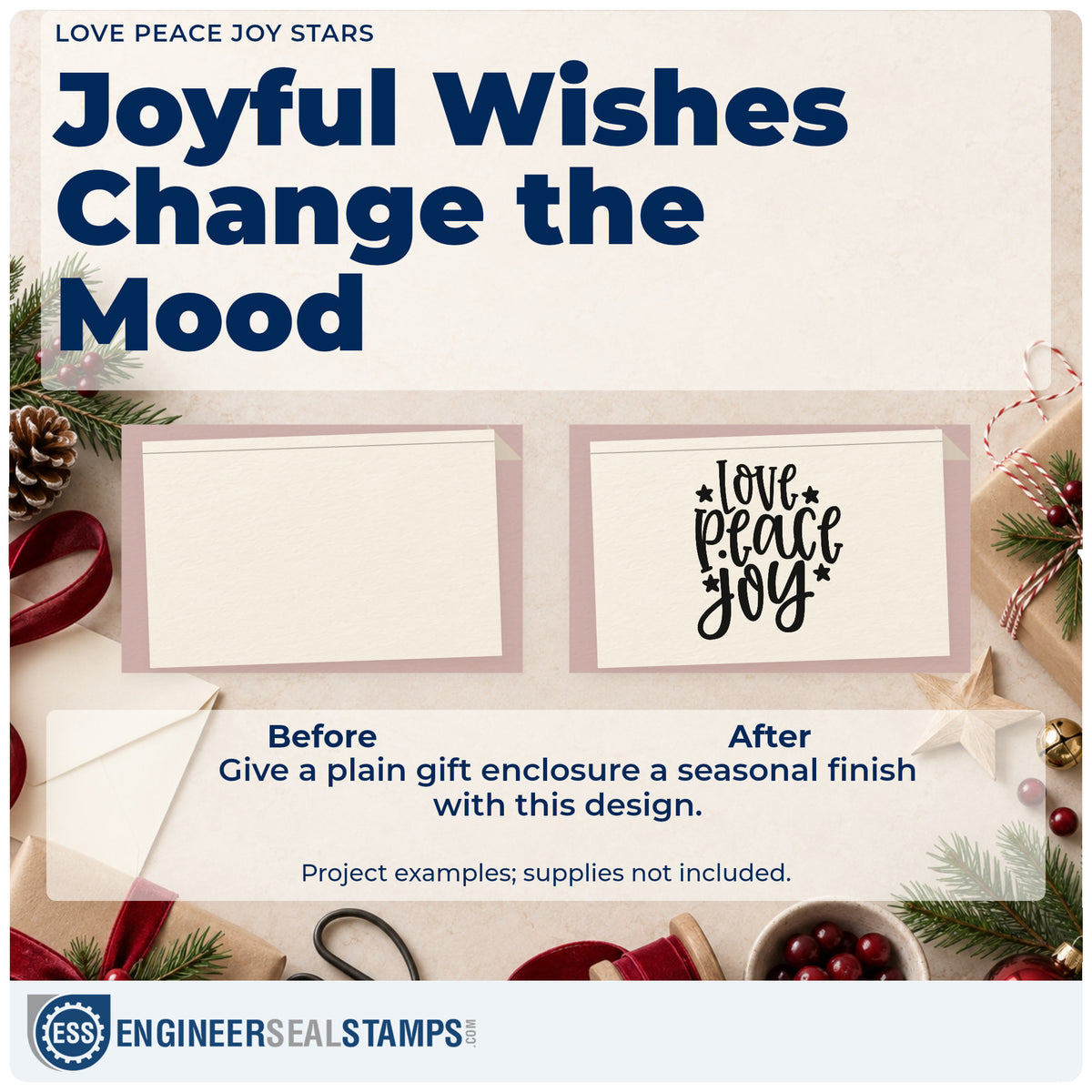 Before and after of a plain item finished with the Love Peace Joy Stars Rubber Stamp – Wood Handle, a quick upgrade for framed tall print.