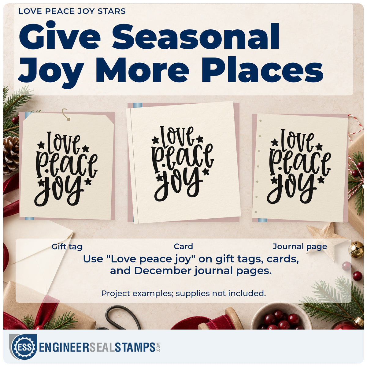 Three project examples made with the Love Peace Joy Stars Rubber Stamp – Wood Handle, including priority list sheet.