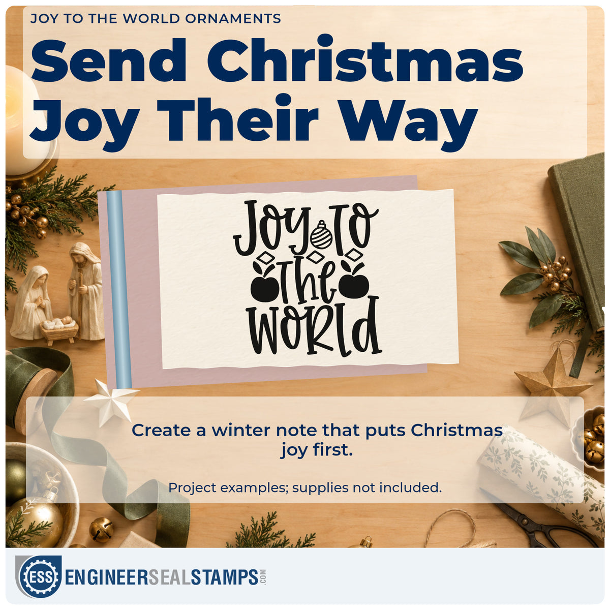 A finished handmade project stamped with the Joy To The World Ornaments Lettering Pre-Inked Stamp – PSI, ideal for tree detail album.