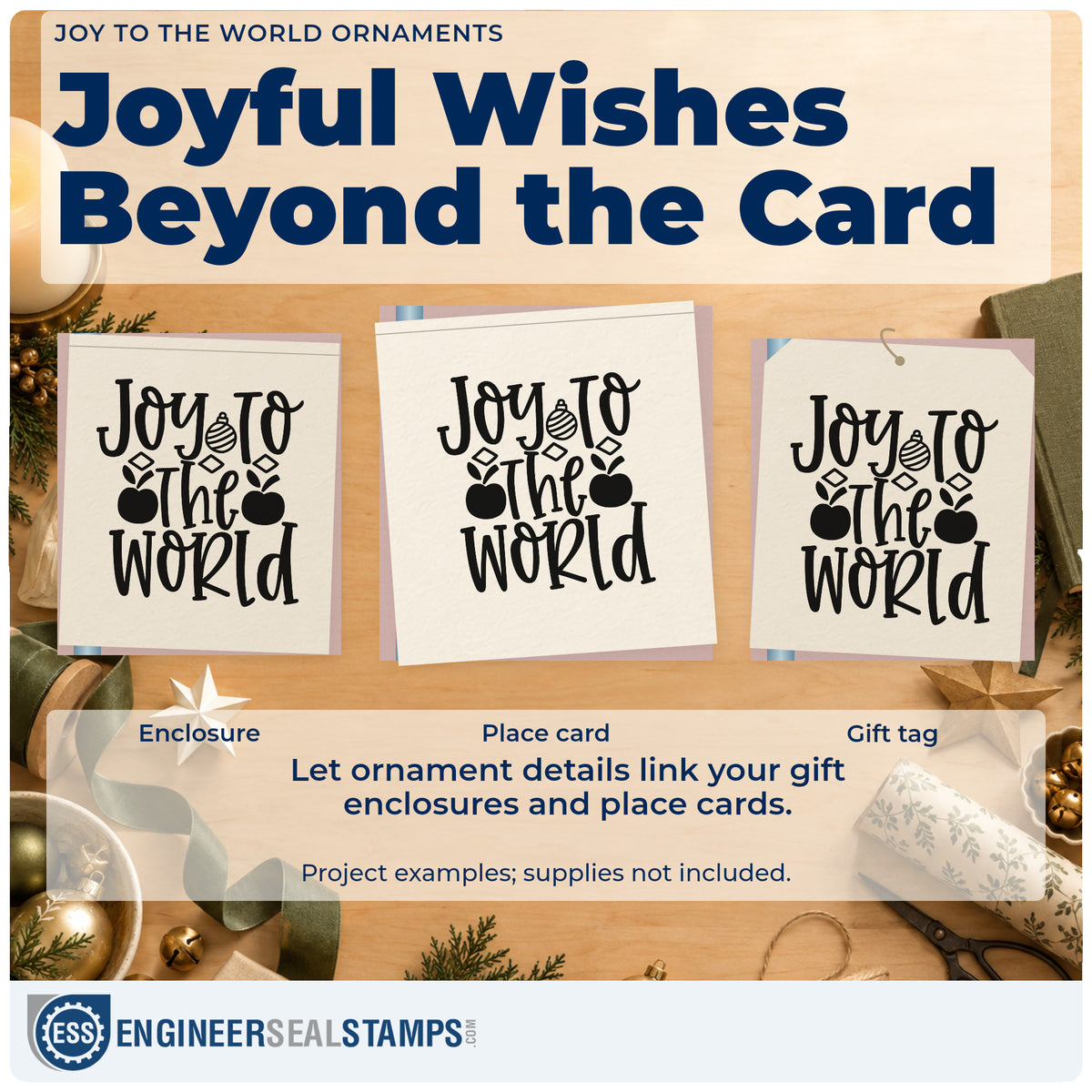 Three project examples made with the Slim Pre-Inked Joy To The World Ornaments Lettering Stamp, including inventory count sheet.