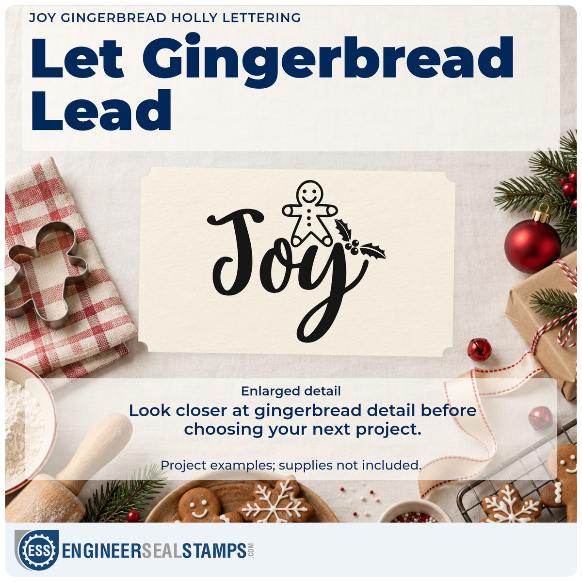 Enlarged detail of the Joy Gingerbread Holly Lettering Hand Stamp – Duo imprint. A gingerbread figure and holly sprig decorate the large script word "Joy."
