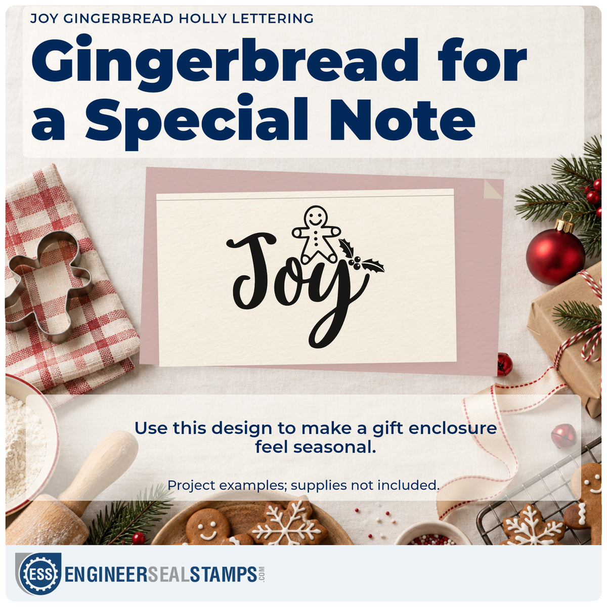 A finished handmade project stamped with the Joy Gingerbread Holly Lettering Self-Inking Stamp, ideal for baking album page.