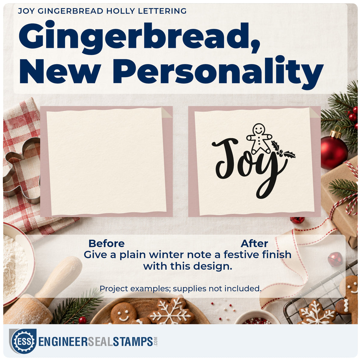Before and after of a plain item finished with the Joy Gingerbread Holly Lettering PSI Pre-Inked Stamp, a quick upgrade for framed spice rack.