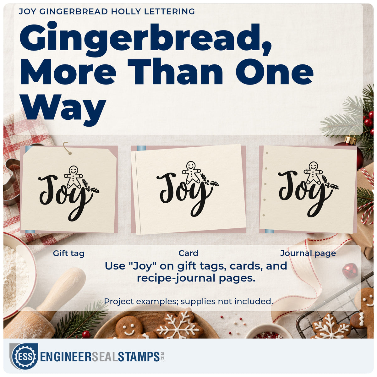 Three project examples made with the Joy Gingerbread Holly Lettering PSI Pre-Inked Stamp, including spice blend sheet.