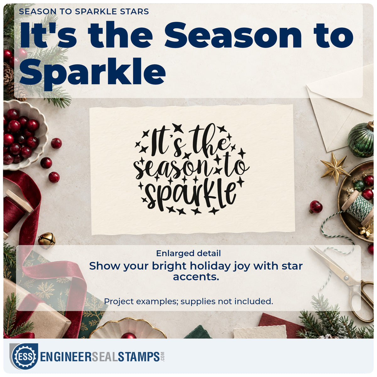 Enlarged detail of the Wood Handle It's The Season To Sparkle Rubber Stamp imprint. The words "It's the season to sparkle" are surrounded by assorted stars.