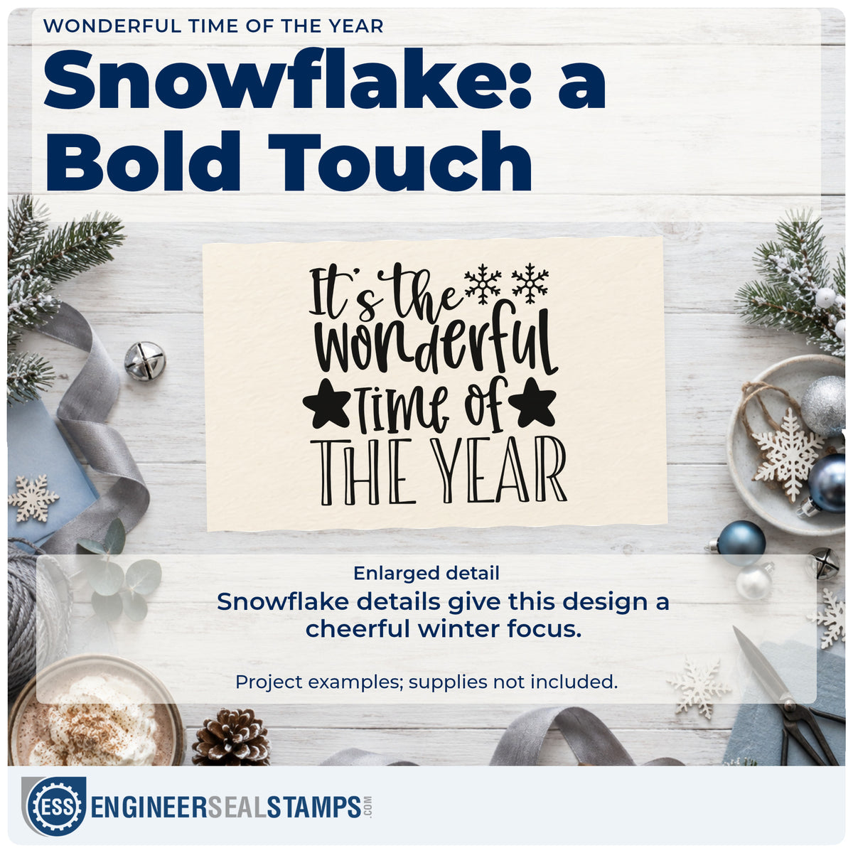 Enlarged detail of the Wonderful Time Of The Year Wood Handle Stamp imprint. The phrase "It's the wonderful time of the year" appears with snowflakes and solid stars.