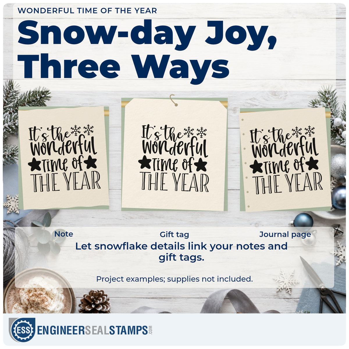 Three project examples made with the Wonderful Time Of The Year Stamp – PSI Pre-Inked, including wrapped gift tags.