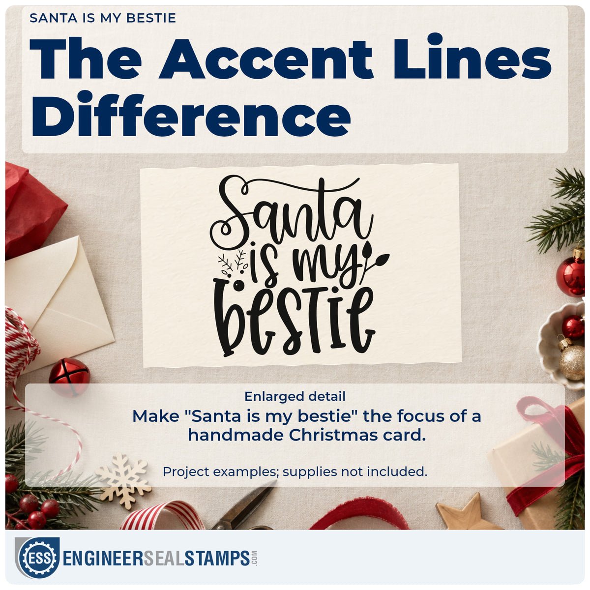 Enlarged detail of the Santa Is My Bestie Hand Stamp – Duo imprint. The words "Santa is my bestie" appear with snowflakes and decorative strokes.