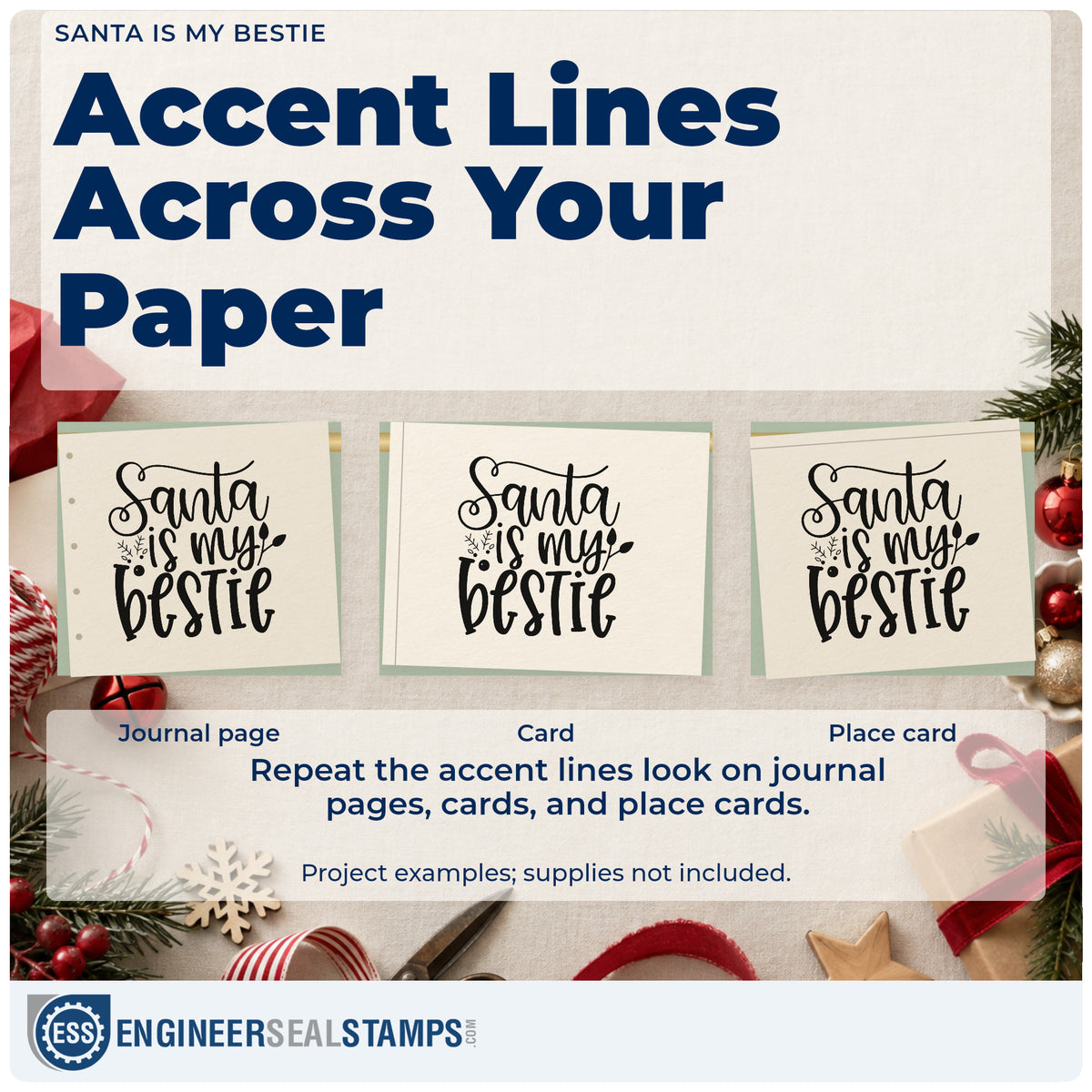Three project examples made with the Santa Is My Bestie Hand Stamp – Duo, including plan poll sheet.