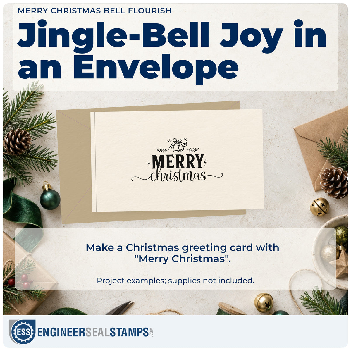 A finished handmade project stamped with the Merry Christmas Bell Flourished Lettering PSI Pre-Inked Stamp, ideal for crown album header.