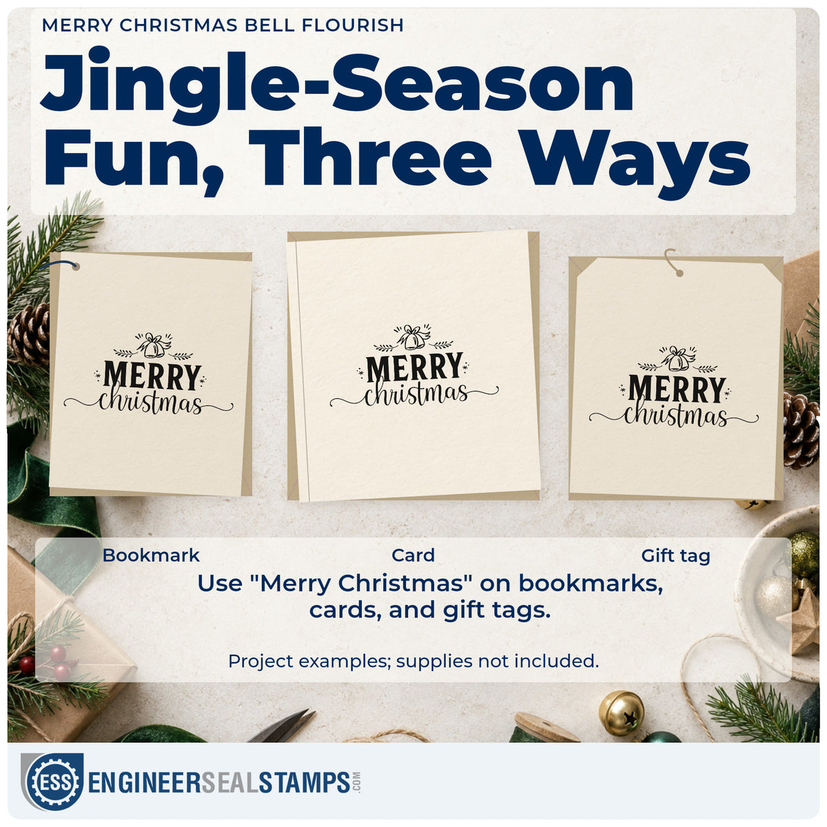 Three project examples made with the Merry Christmas Bell Flourished Lettering Rubber Stamp – Duo Hand, including top bottom sheet.
