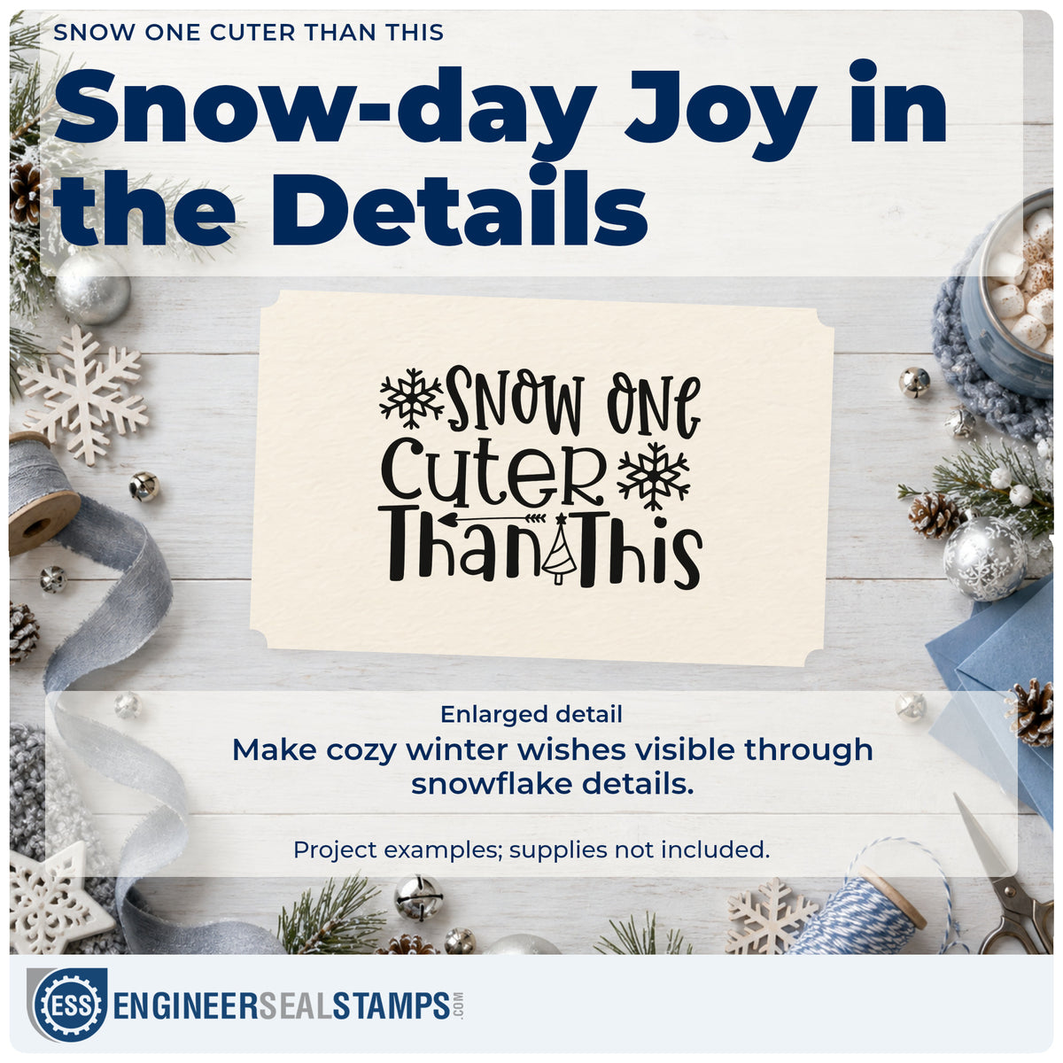 Enlarged detail of the Snow One Cuter Than This Rubber Stamp – Wood Handle imprint. The phrase "Snow one cuter than this" includes two snowflakes, an arrow, and a tiny tree.