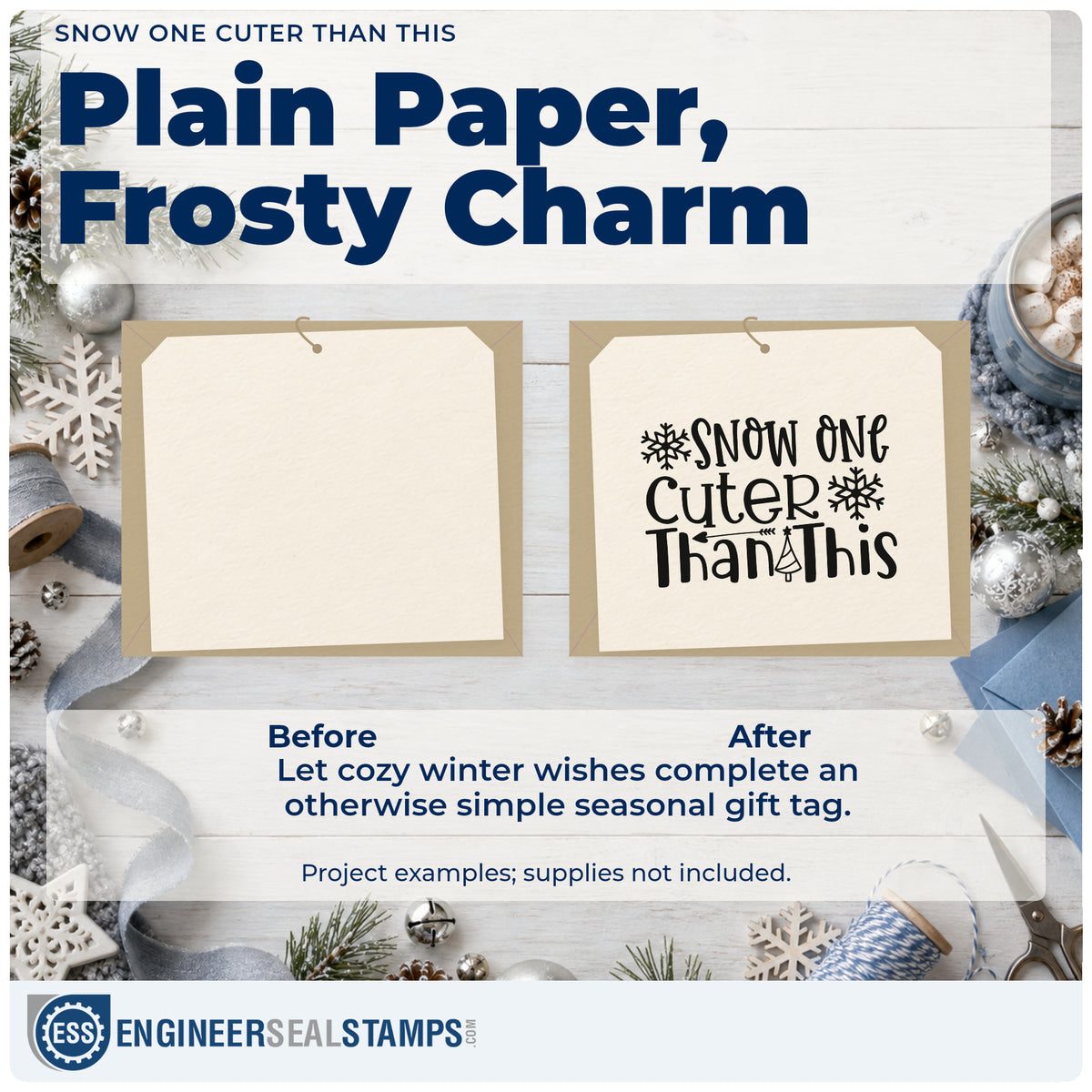 Before and after of a plain item finished with the Snow One Cuter Than This Duo Hand Stamp, a quick upgrade for framed photo ledge.