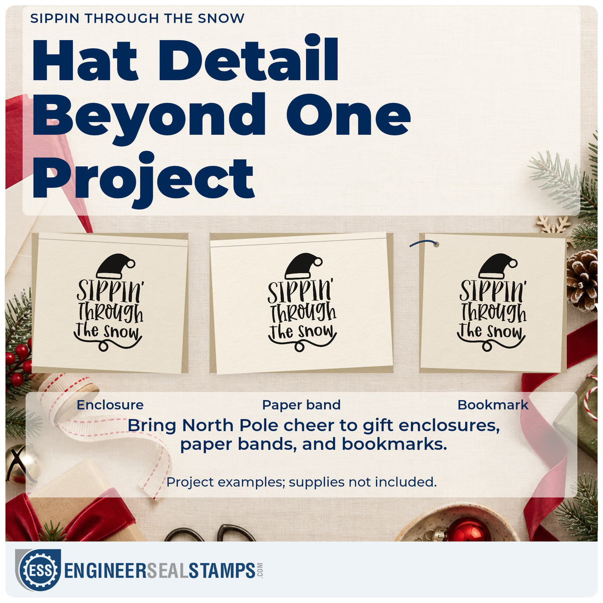 Three project examples made with the Sippin Through The Snow Self-Inking Craft Stamp, including batch jug tags.