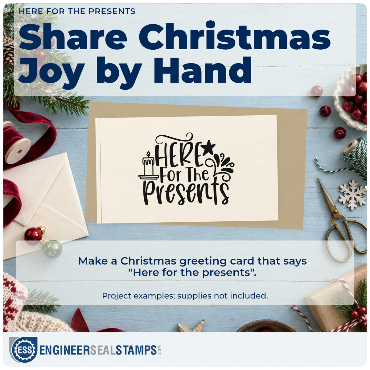 A finished handmade project stamped with the Vintage Pro Here For The Presents Premium Wooden Stamp, ideal for party guest album.