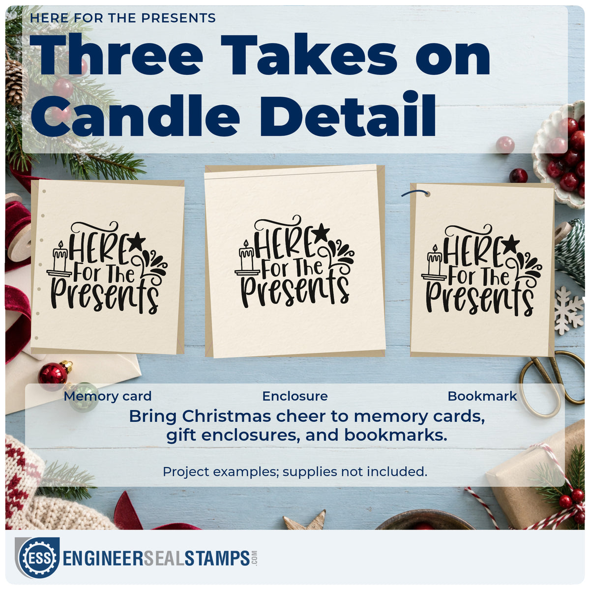 Three project examples made with the Vintage Pro Here For The Presents Premium Wooden Stamp, including wish list sheet.