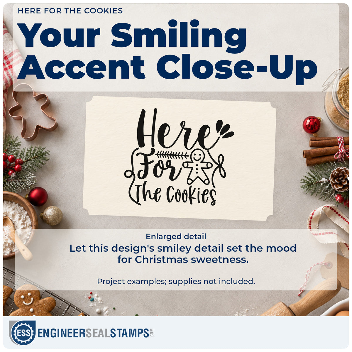 Enlarged detail of the Here For The Cookies Gingerbread Premium Wooden Stamp – Vintage Pro imprint. The words "Here for the cookies" surround a smiling gingerbread figure and an arrow.