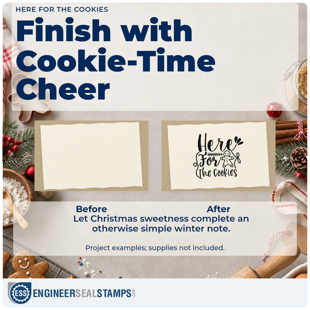 Before and after of a plain item finished with the Here For The Cookies Gingerbread Premium Wooden Stamp – Vintage Pro, a quick upgrade for framed snack nook.