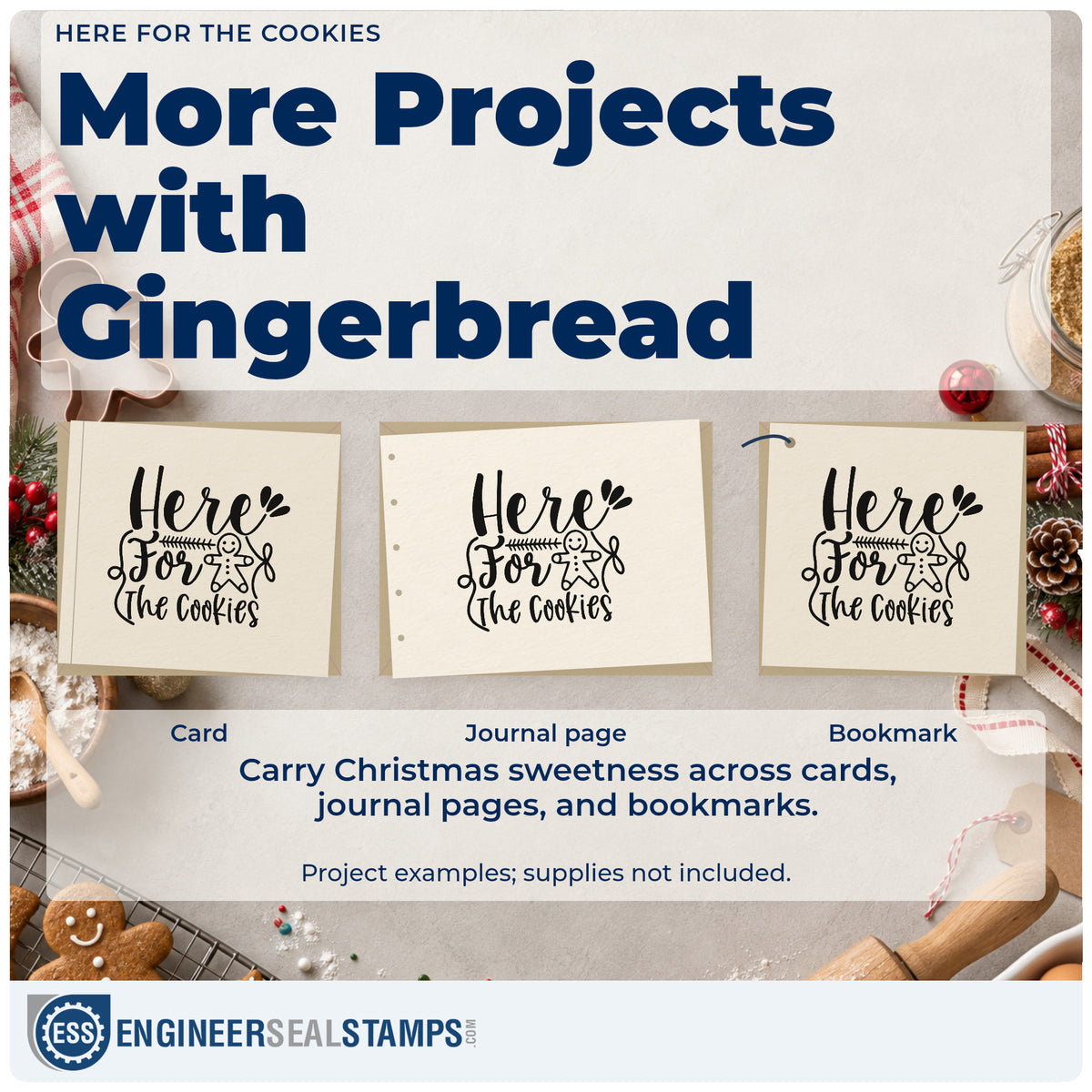 Three project examples made with the Self-Inking Here For The Cookies Gingerbread Stamp, including favorite rank sheet.