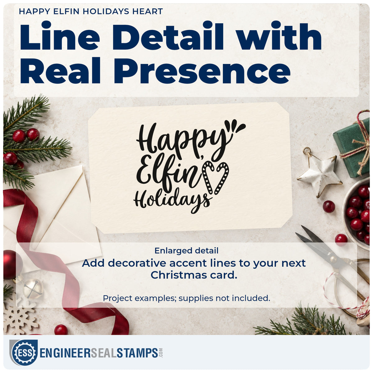 Enlarged detail of the Happy Elfin Holidays Heart Rubber Stamp – Duo Hand imprint. The greeting "Happy elfin holidays" includes a patterned heart and decorative strokes.