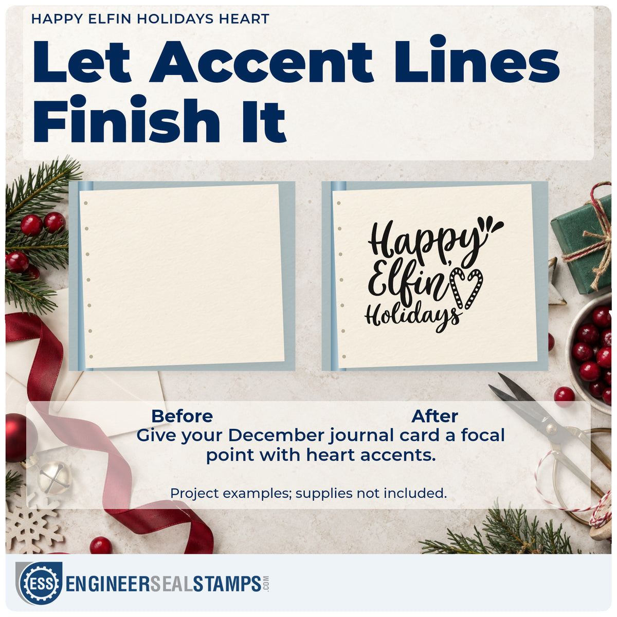 Before and after of a plain item finished with the Happy Elfin Holidays Heart PSI Pre-Inked Stamp, a quick upgrade for framed workshop door.