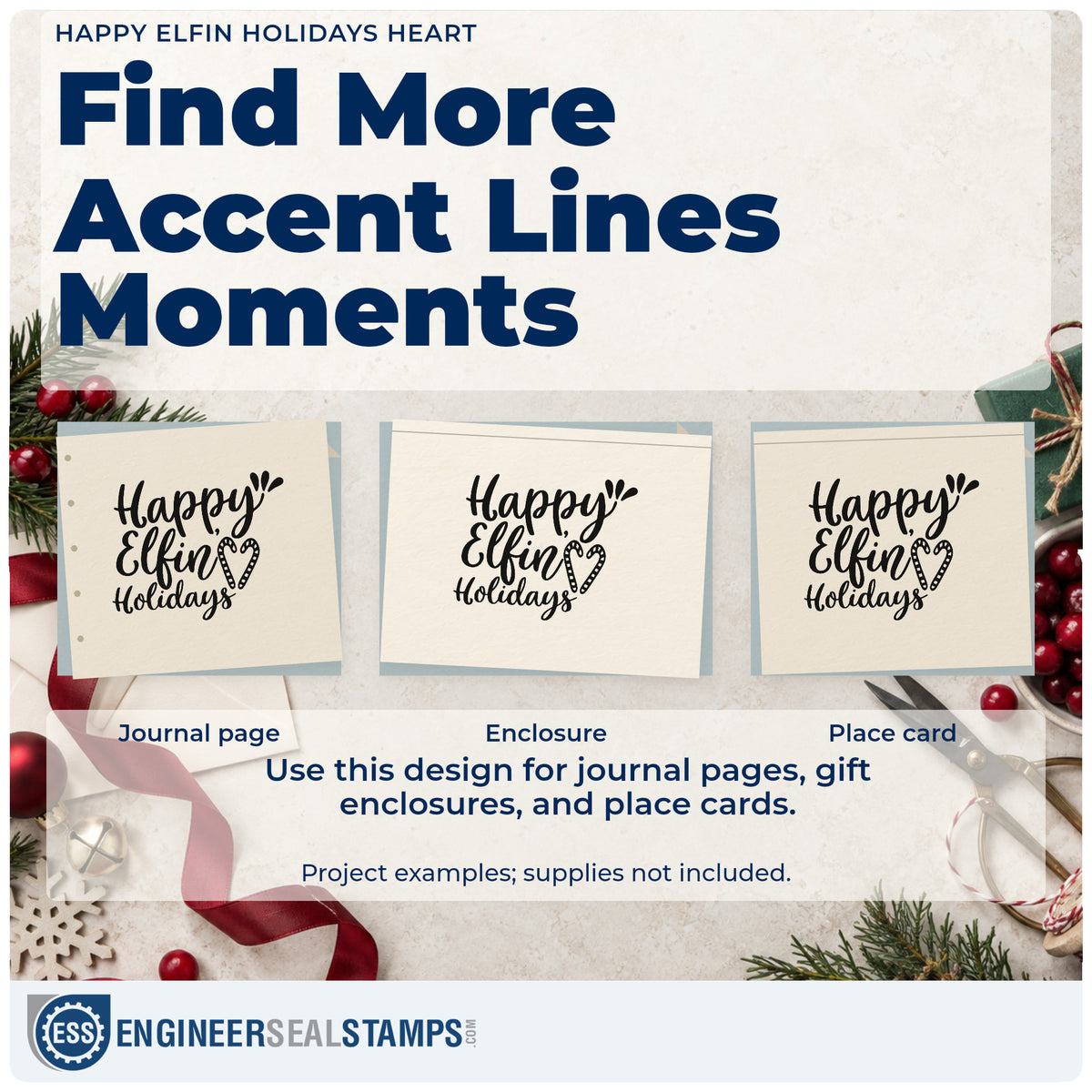 Three project examples made with the Happy Elfin Holidays Heart Rubber Stamp – Duo Hand, including shift roster sheet.