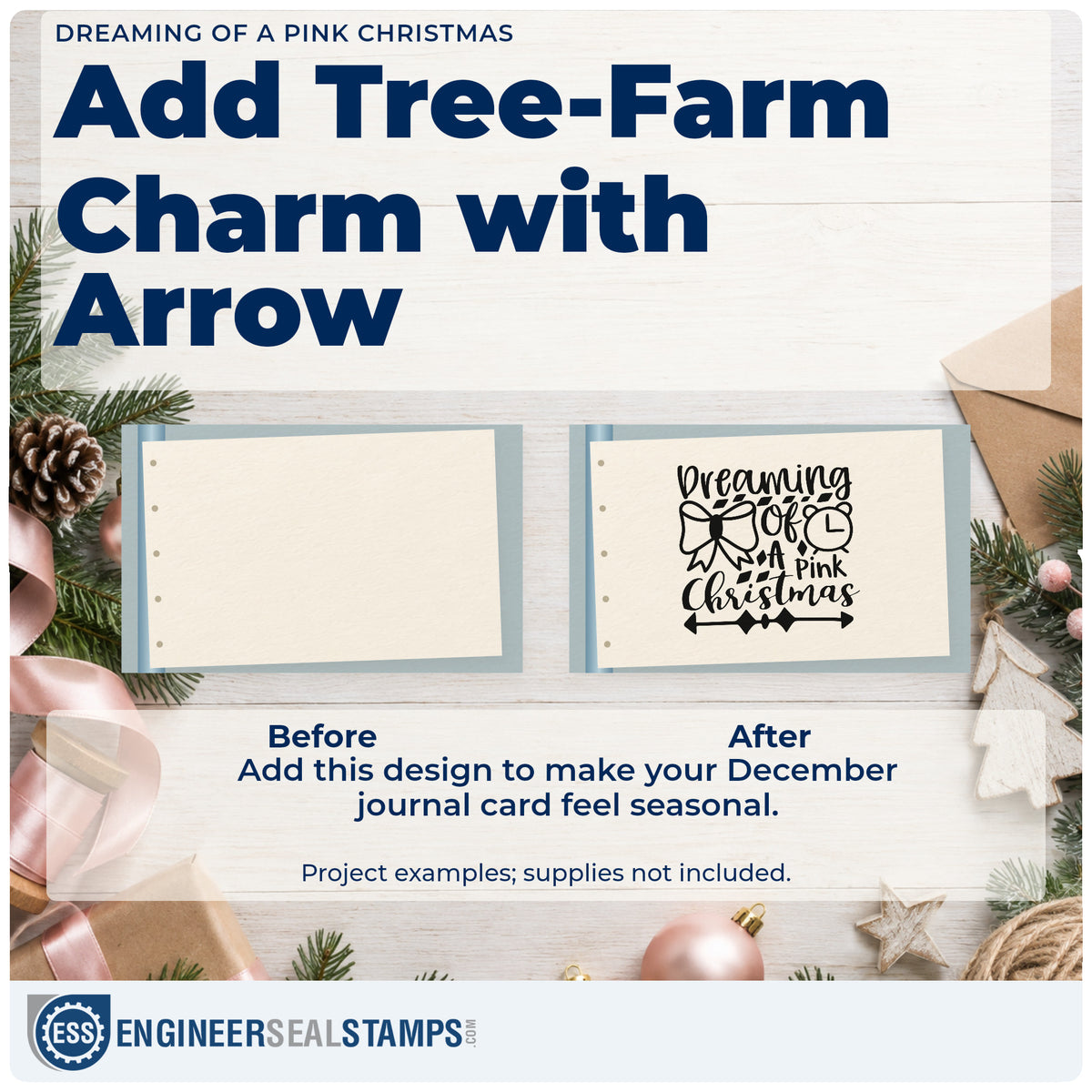 Before and after of a plain item finished with the Dreaming Of A Pink Christmas Tree Motif Self-Inking Stamp, a quick upgrade for framed dressing nook.