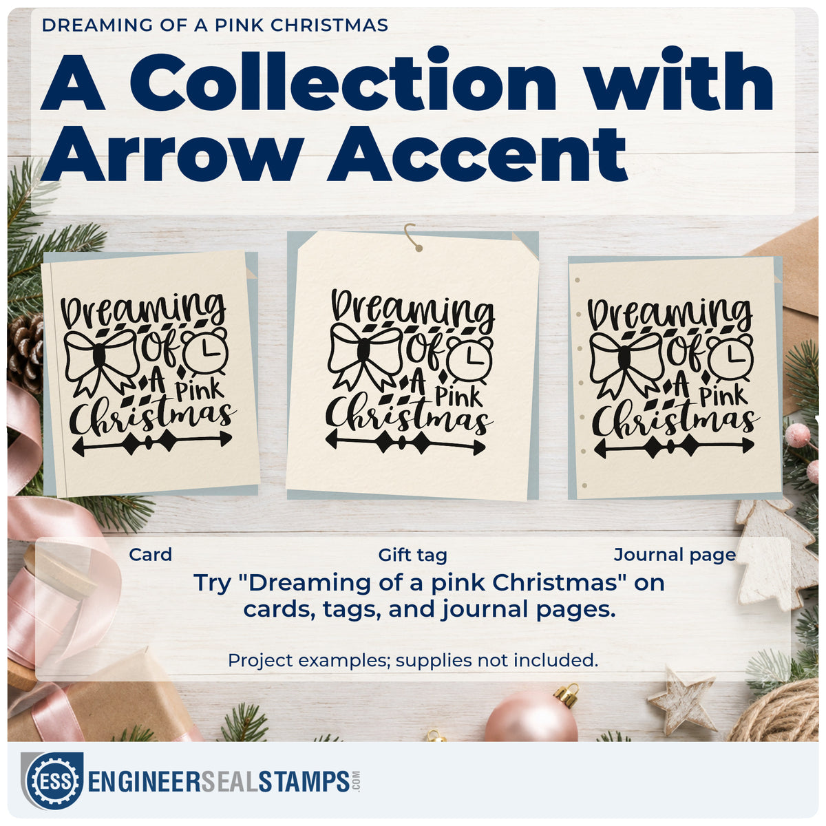 Three project examples made with the Dreaming Of A Pink Christmas Tree Motif Self-Inking Stamp, including color plan sheet.