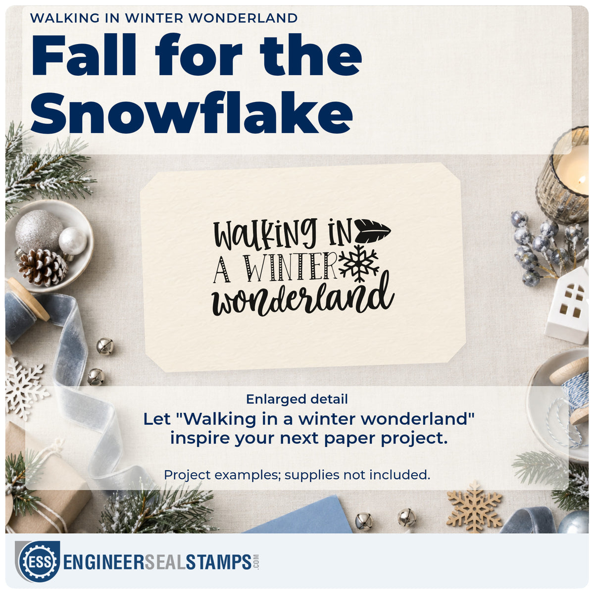Enlarged detail of the Walking In A Winter Wonderland PSI Pre-Inked Stamp imprint. The words "Walking in a winter wonderland" appear with a snowflake and evergreen sprig.