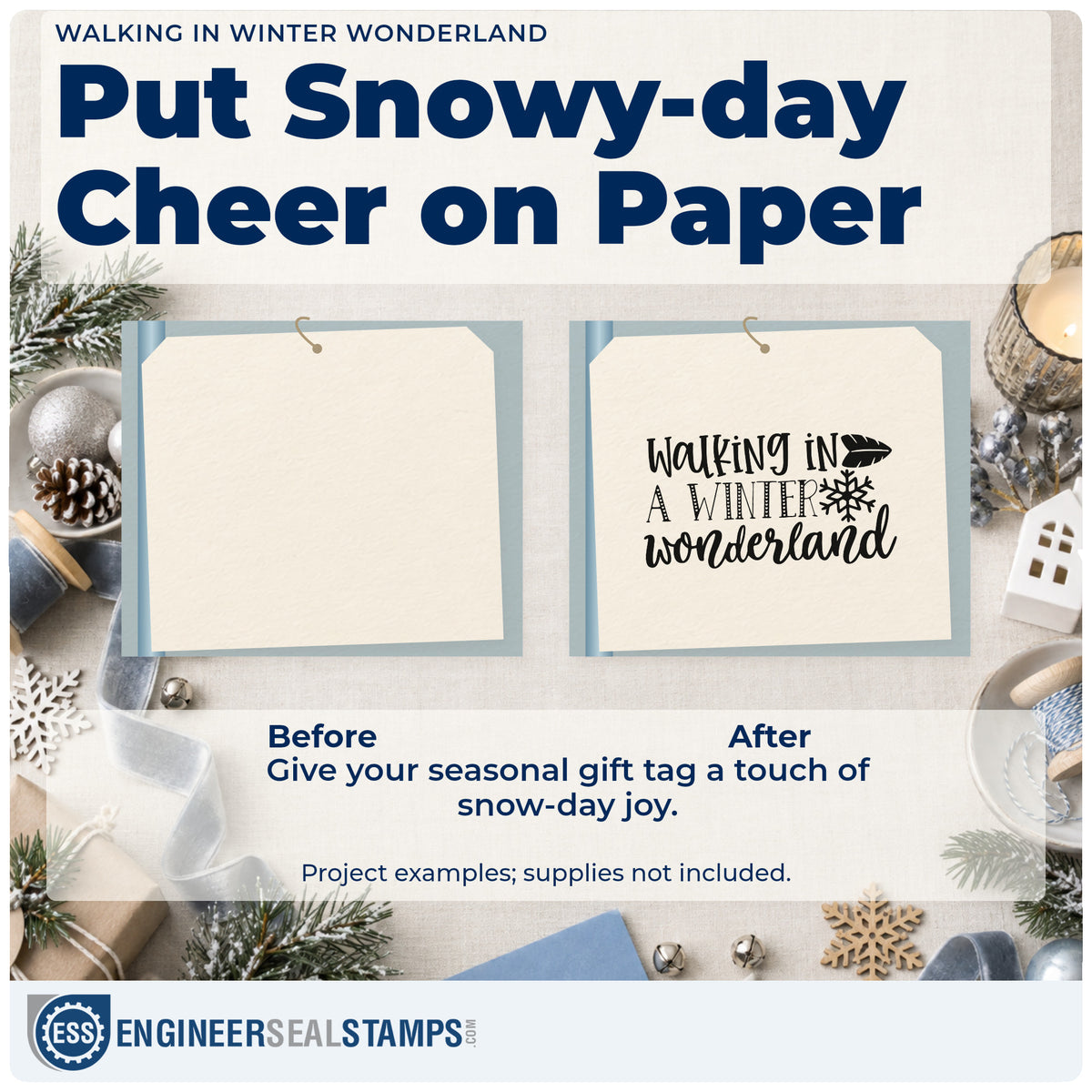 Before and after of a plain item finished with the Walking In A Winter Wonderland Stamp – Self-Inking, a quick upgrade for framed back door.