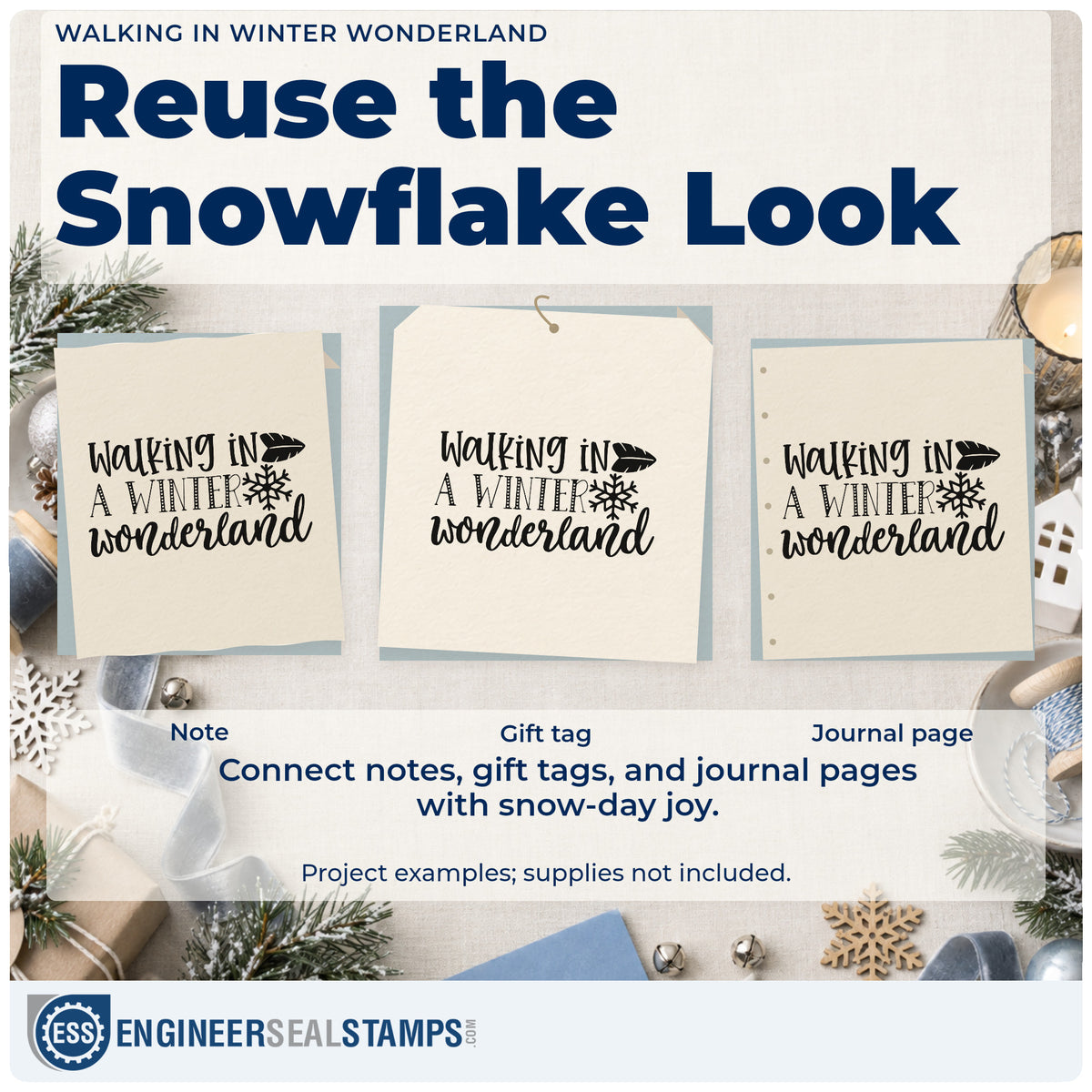 Three project examples made with the Walking In A Winter Wonderland Stamp – Slim Pre-Inked, including mileage chart sheet.