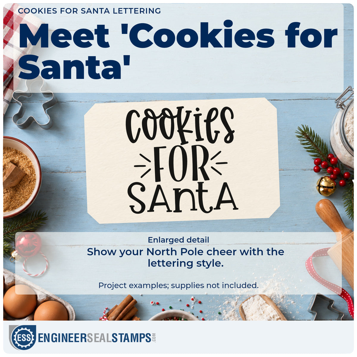 Enlarged detail of the Cookies For Santa Word Art Self-Inking Stamp imprint. The words "Cookies for Santa" stack in mixed lettering with short emphasis lines.