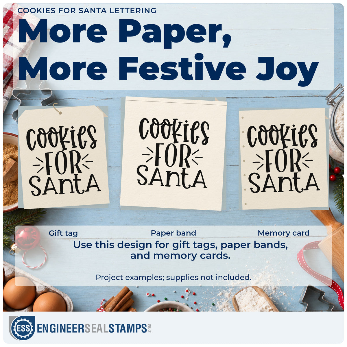 Three project examples made with the Cookies For Santa Word Art Slim Pre-Inked Stamp, including bullet point sheet.