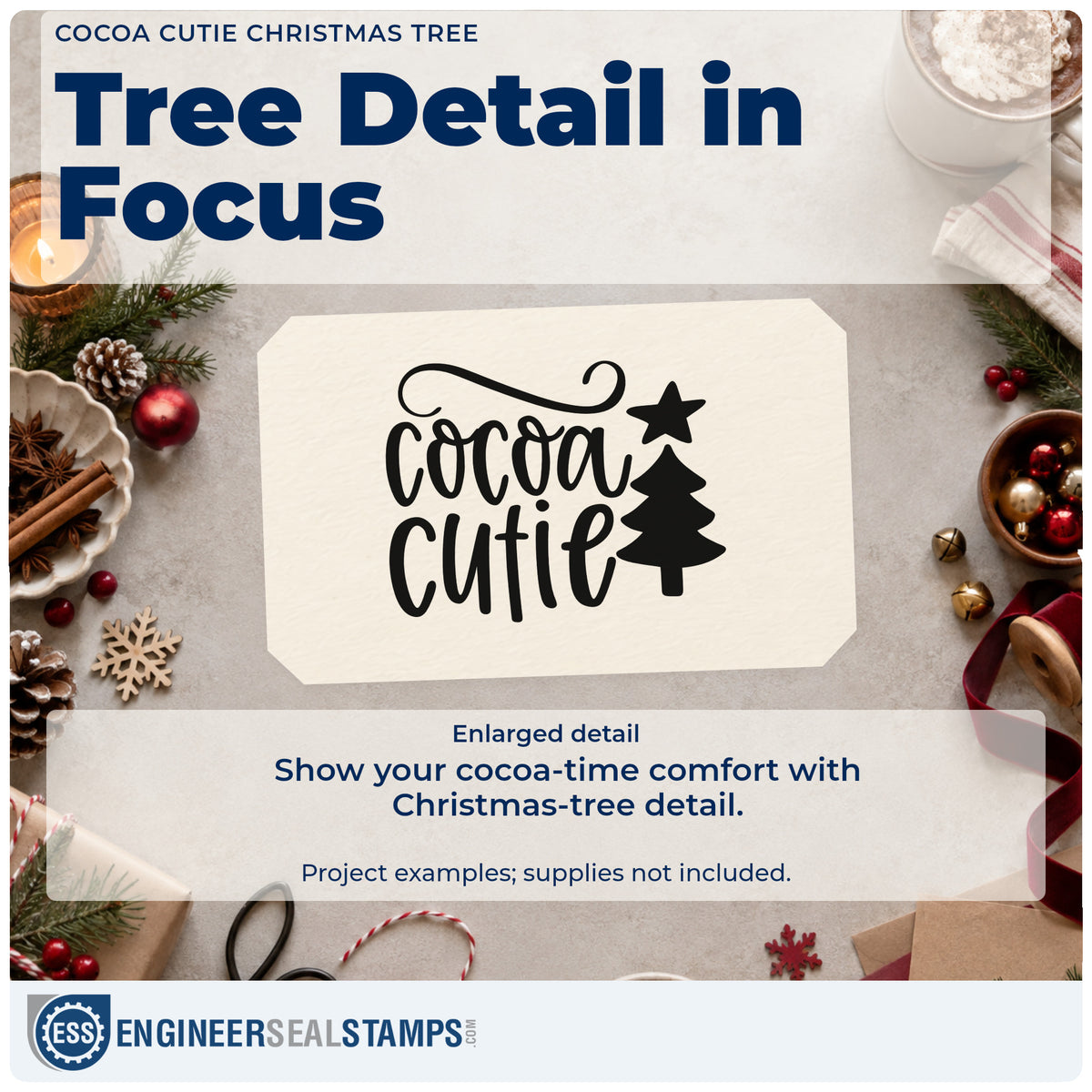 Enlarged detail of the Cocoa Cutie Christmas Tree Rubber Stamp – Wood Handle imprint. The words "Cocoa cutie" sit beside a solid Christmas tree topped by a star.