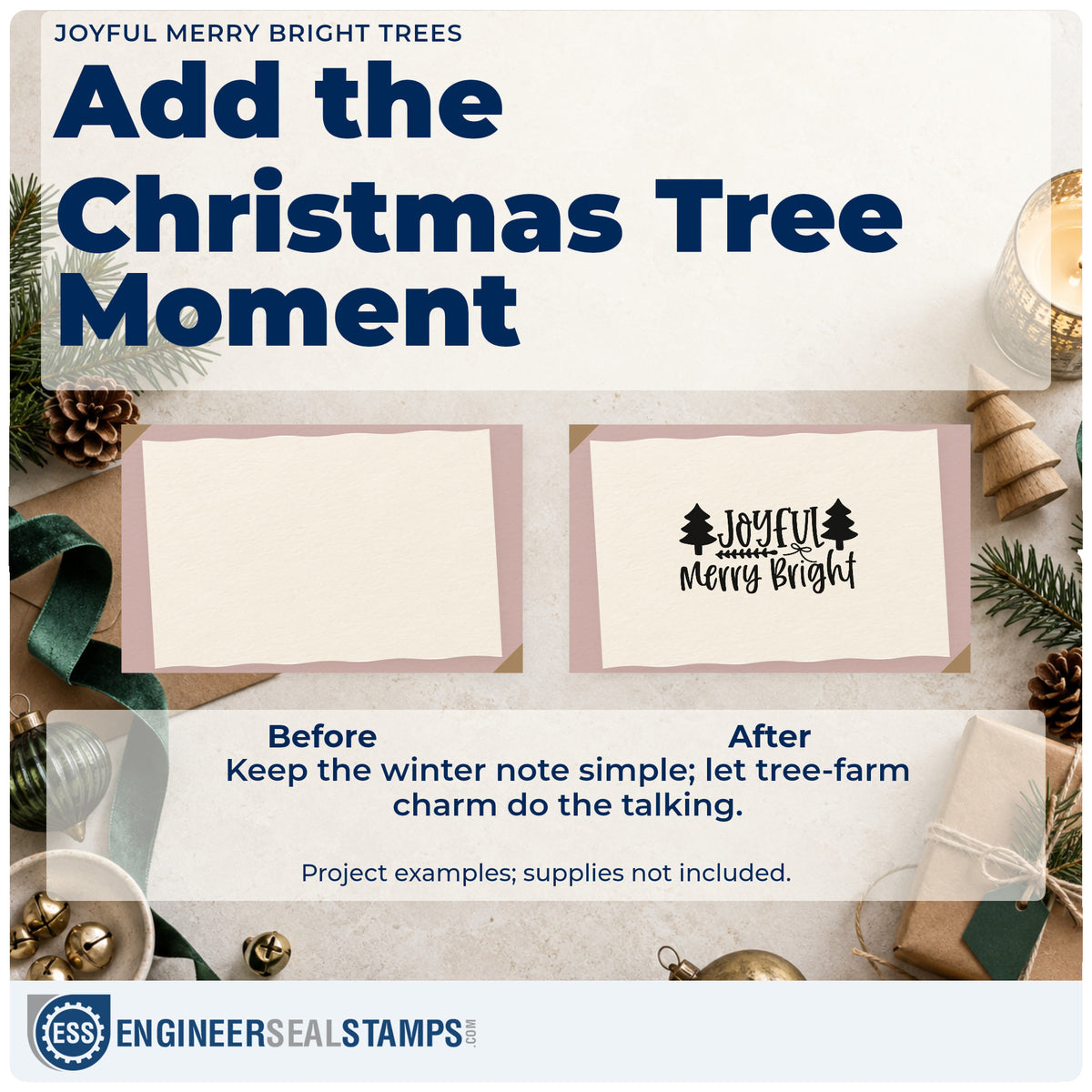 Before and after of a plain item finished with the Joyful Merry Bright Trees Arrow Stamp – Premium Vintage Pro Wooden, a quick upgrade for framed mantel row.