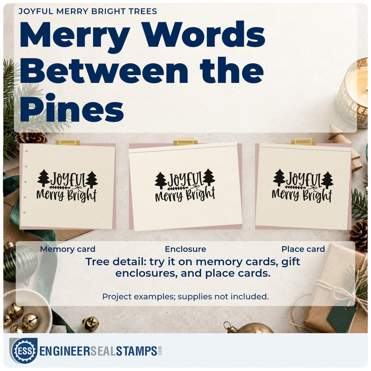 Three project examples made with the Joyful Merry Bright Trees Arrow Stamp – Wood Handle, including three goal sheet.