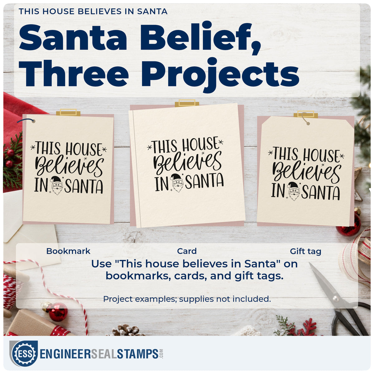 Three project examples made with the This House Believes In Santa With Stars Stamp – Duo Hand, including belief list sheet.