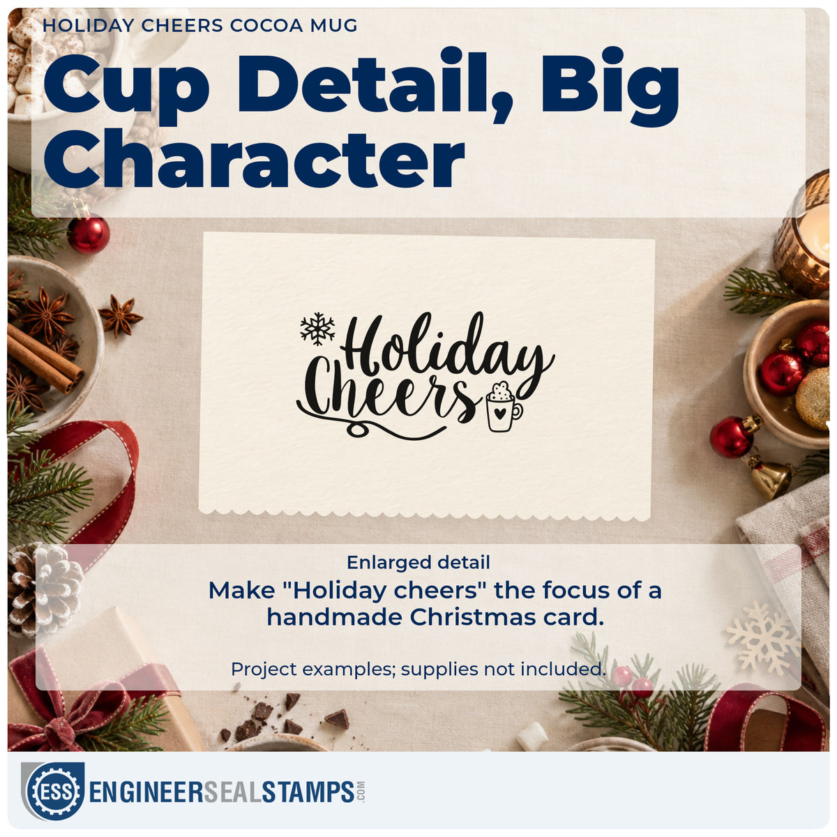 Enlarged detail of the Slim Pre-Inked Holiday Cheers Cocoa Mug Snowflakes Stamp imprint. The words "Holiday cheers" are decorated with a cocoa mug, snowflake, and curling underline.