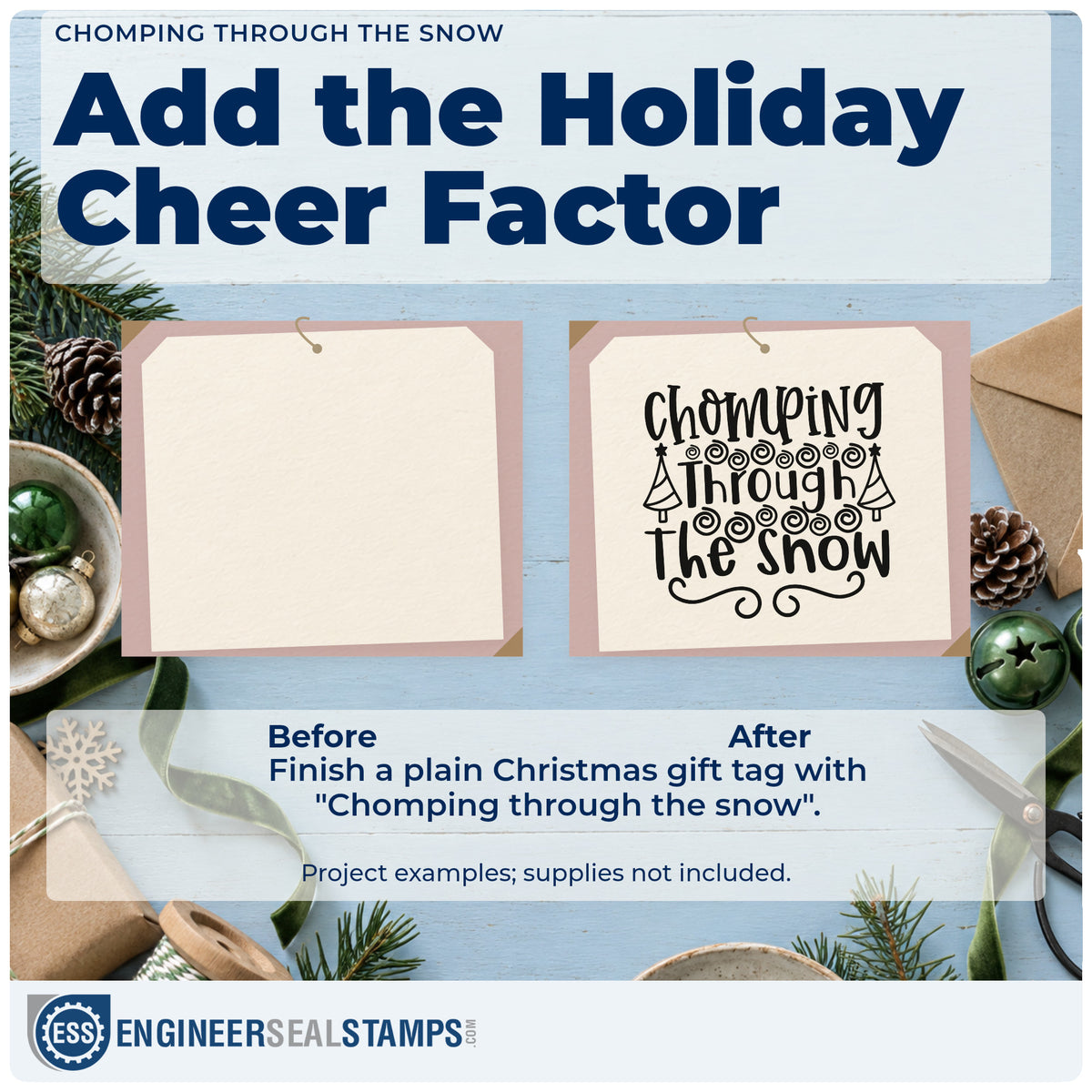 Before and after of a plain item finished with the Chomping Through The Snow Pre-Inked Stamp – Slim, a quick upgrade for framed pantry shelf.
