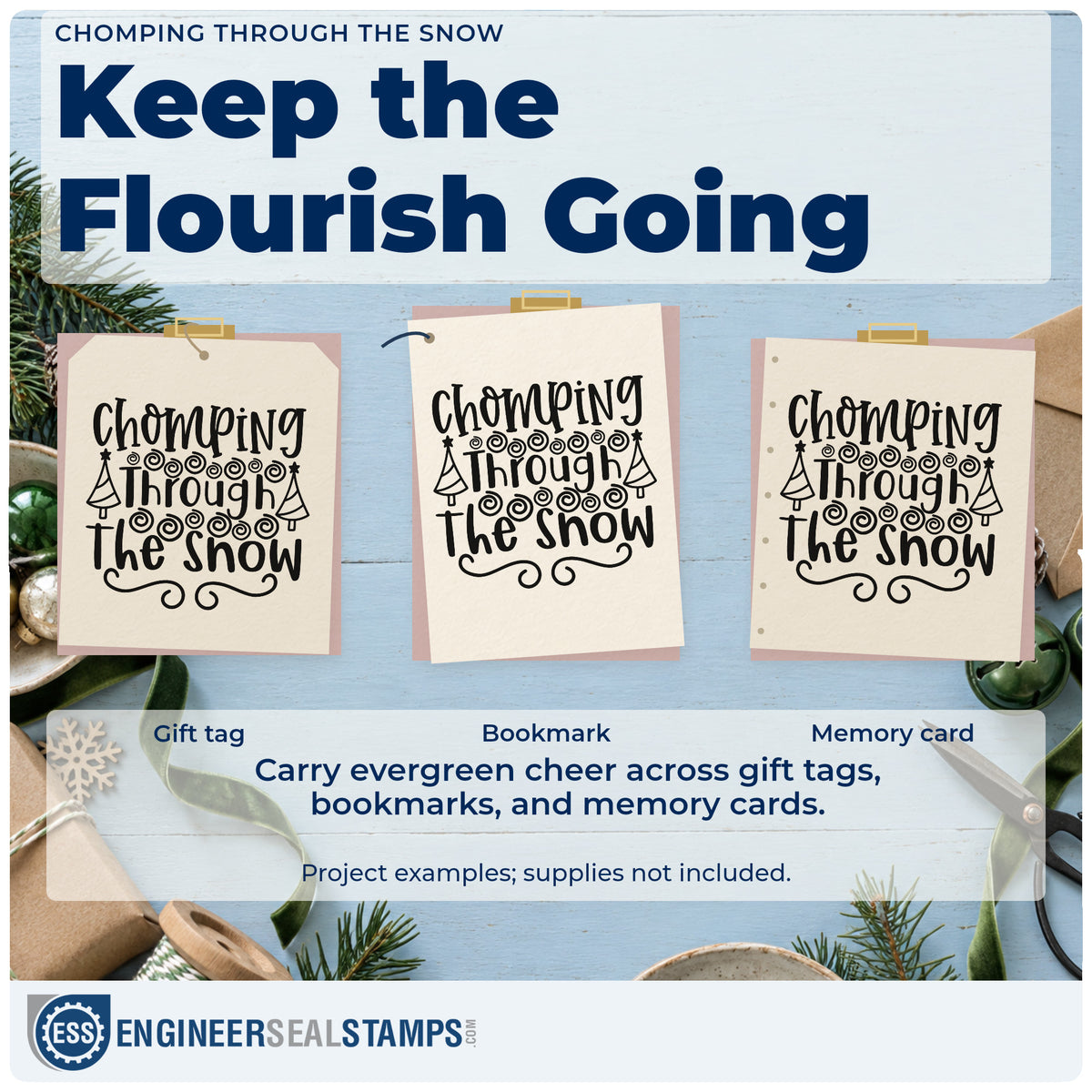 Three project examples made with the Chomping Through The Snow Hand Stamp – Duo, including sweet rank sheet.