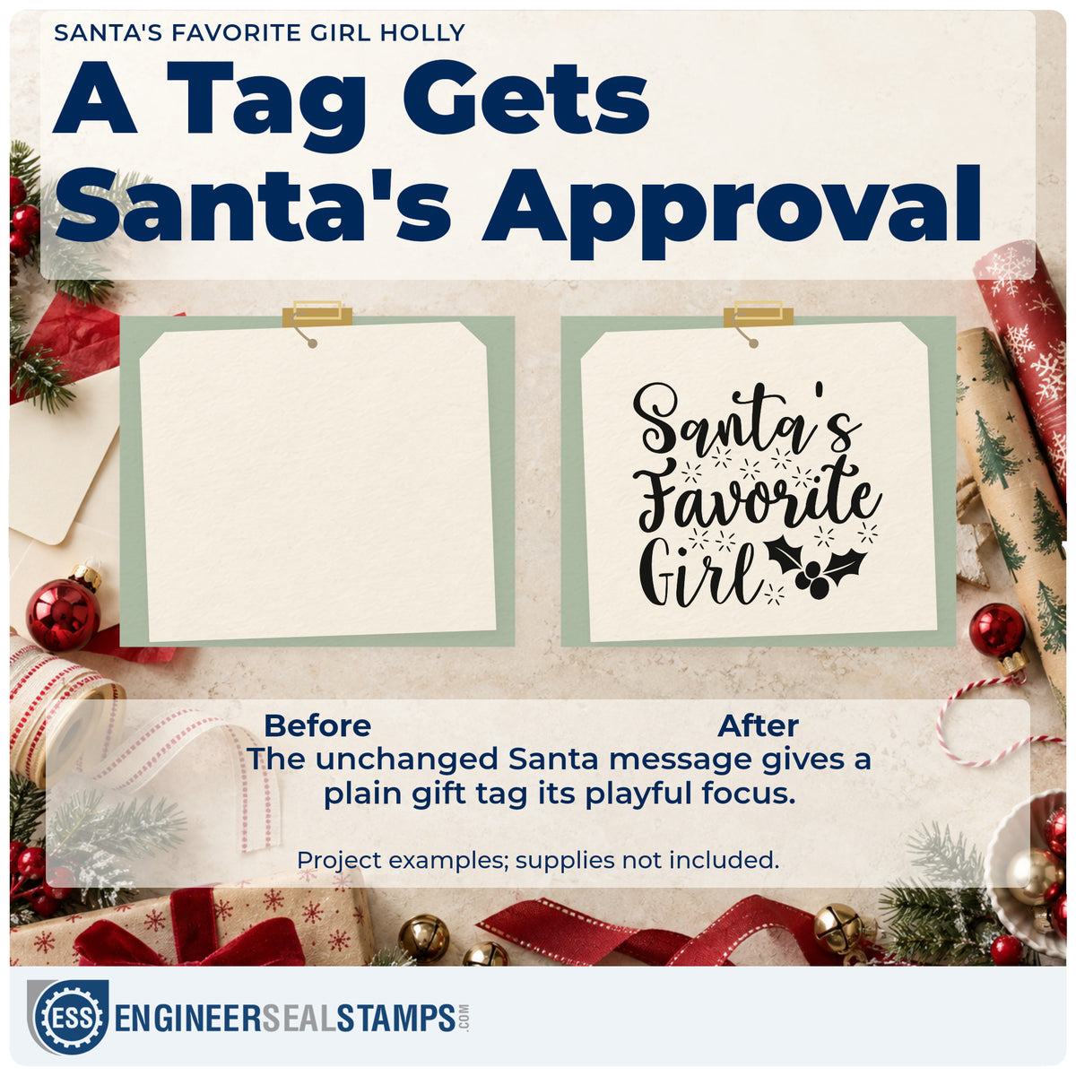 Before and after of a plain item finished with the Wood Handle Santa's Favorite Girl Holly Rubber Stamp, a quick upgrade for framed bedroom door.