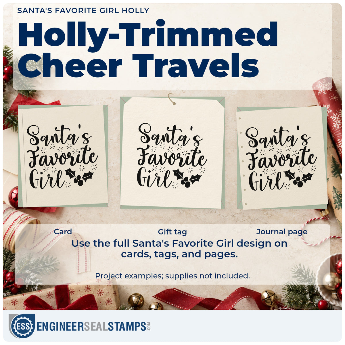 Three project examples made with the Santa's Favorite Girl Holly Pre-Inked Stamp – Slim, including wish list sheet.