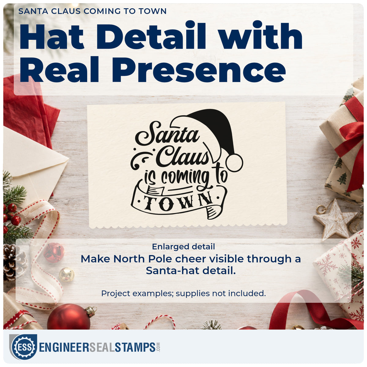 Enlarged detail of the Santa Claus Coming To Town Stamp – PSI Pre-Inked imprint. The phrase "Santa Claus is coming to town" is topped by a Santa hat and ends in a ribbon banner.