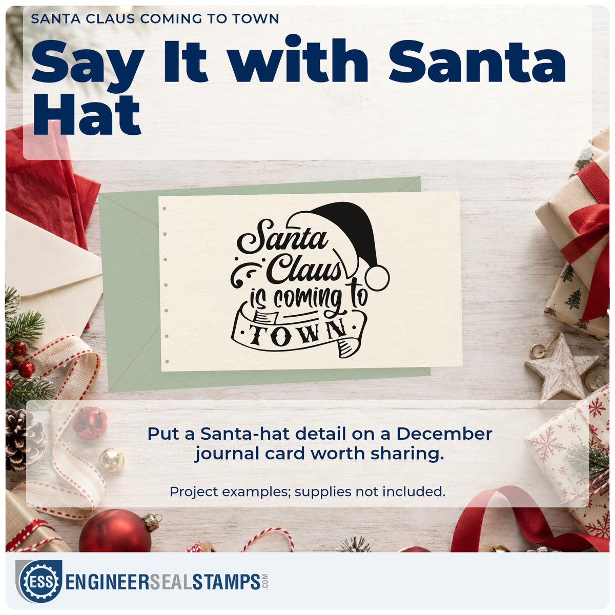 A finished handmade project stamped with the Santa Claus Coming To Town Stamp – PSI Pre-Inked, ideal for event album page.