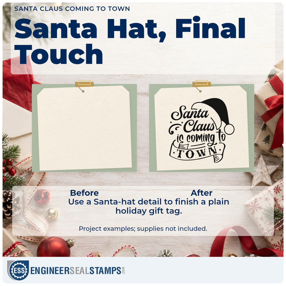 Before and after of a plain item finished with the Santa Claus Coming To Town Wood Handle Stamp, a quick upgrade for framed mall backdrop.