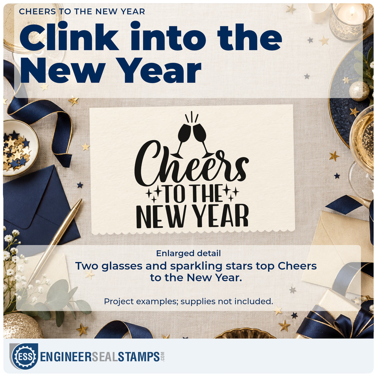 Enlarged detail of the Cheers To The New Year Hand Stamp – Duo imprint. Two clinking glasses top "Cheers to the new year" with sparkling star accents.