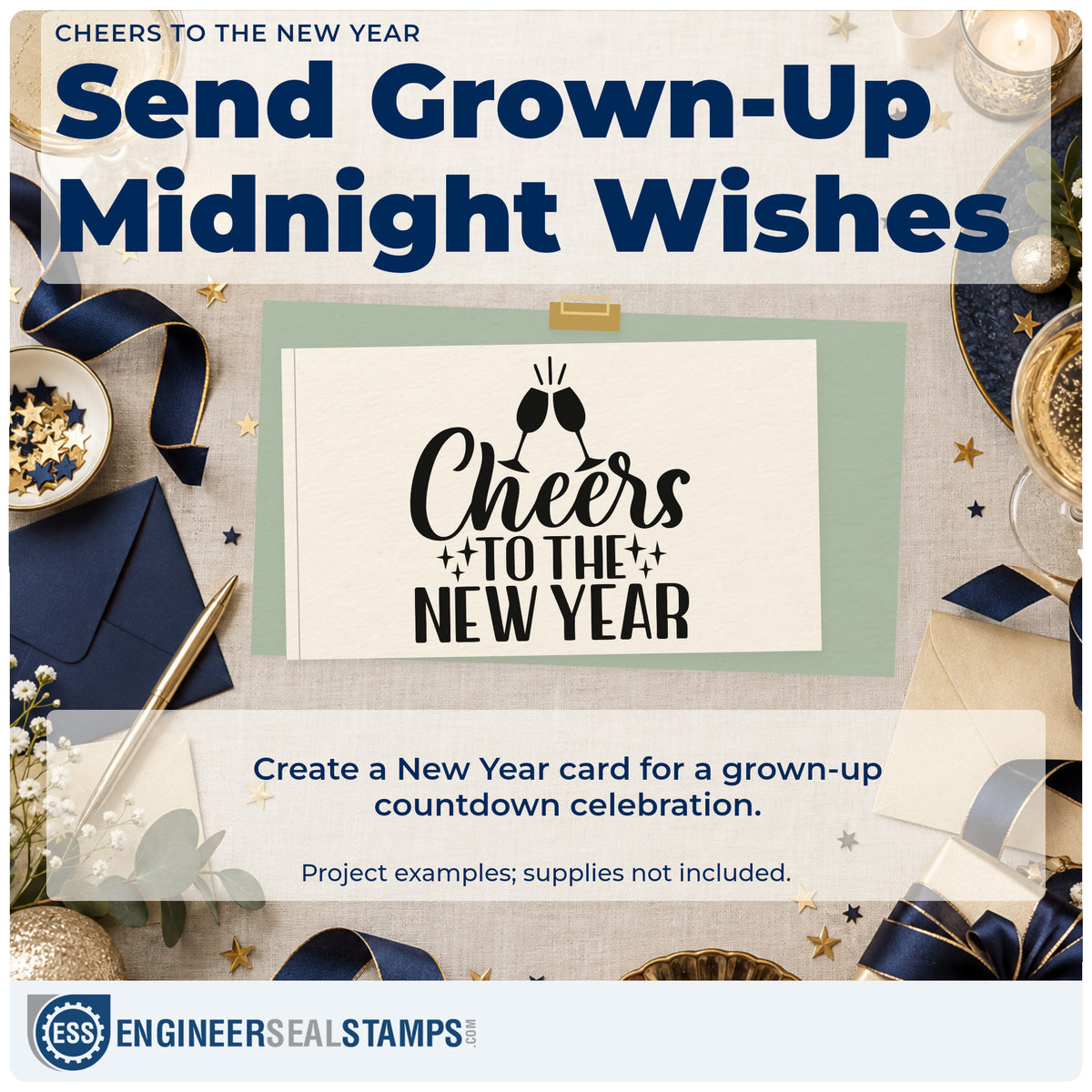 A finished handmade project stamped with the Cheers To The New Year Rubber Stamp – Wood Handle, ideal for countdown album page.