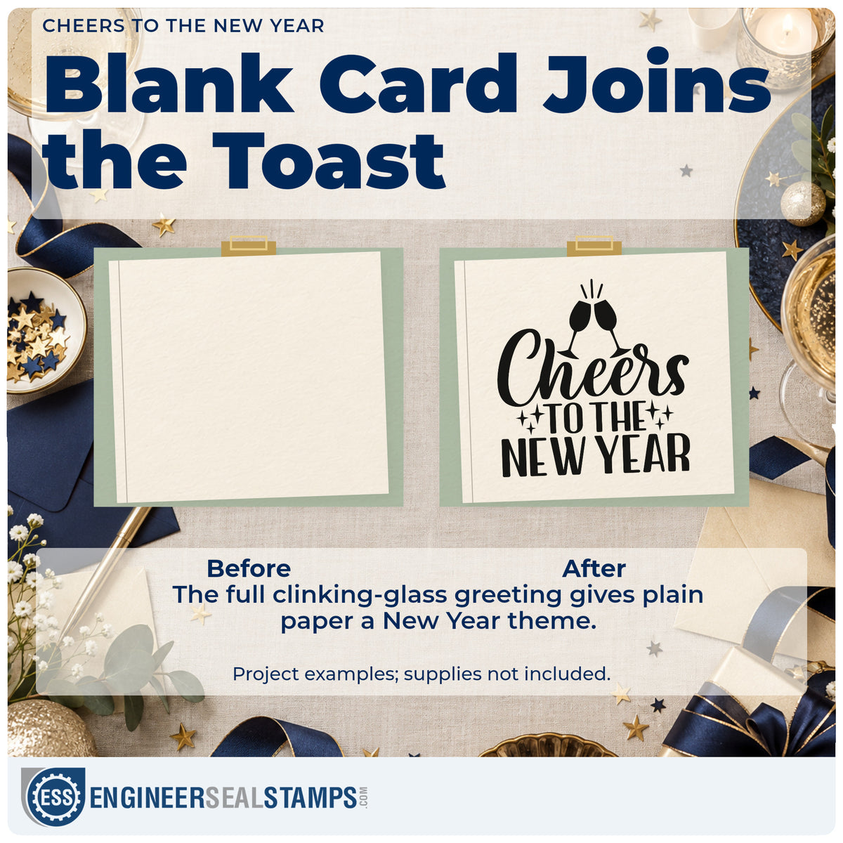 Before and after of a plain item finished with the Cheers To The New Year Rubber Stamp – Wood Handle, a quick upgrade for framed bar mirror.