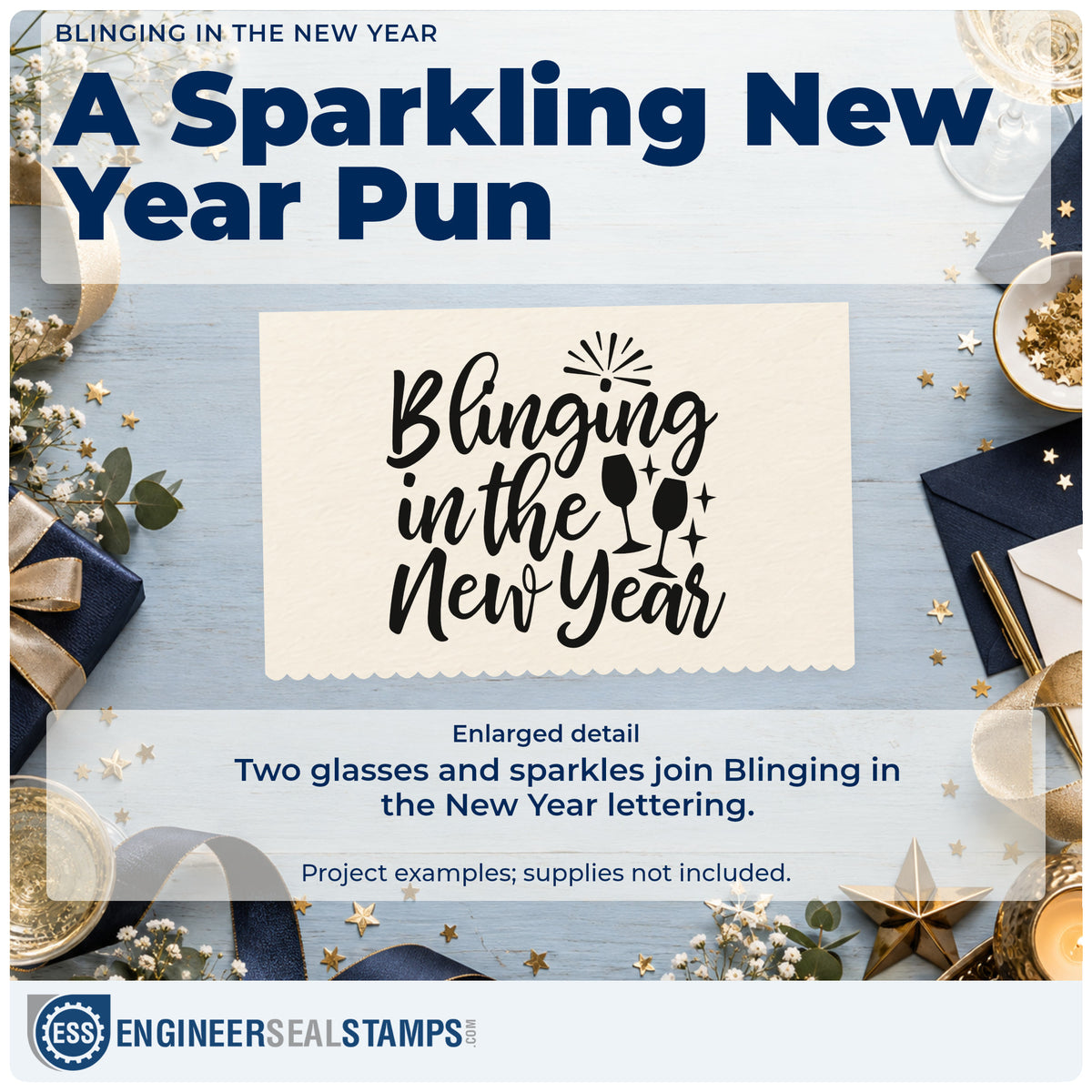 Enlarged detail of the New Year Bling And Sparkling Glasses Wood Handle Stamp imprint. The phrase "Blinging in the new year" includes two glasses and sparkling accents.