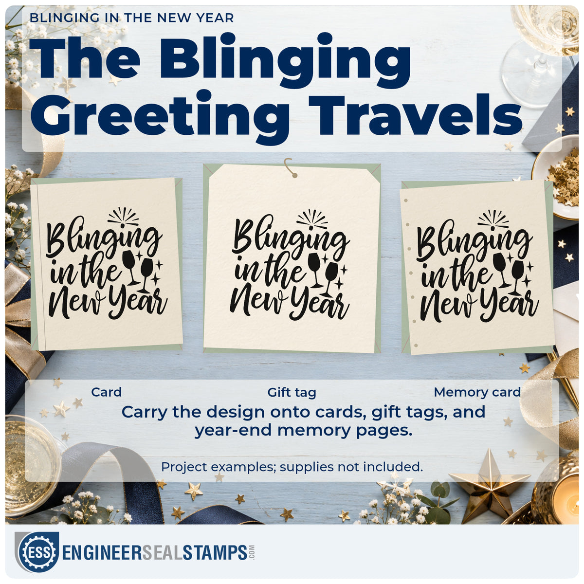 Three project examples made with the New Year Bling And Sparkling Glasses Self-Inking Stamp, including outfit plan sheet.